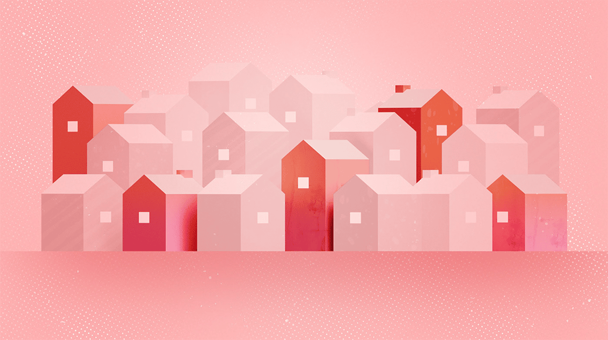 eine Sammlung animierter Häuser versperrt die Sicht
