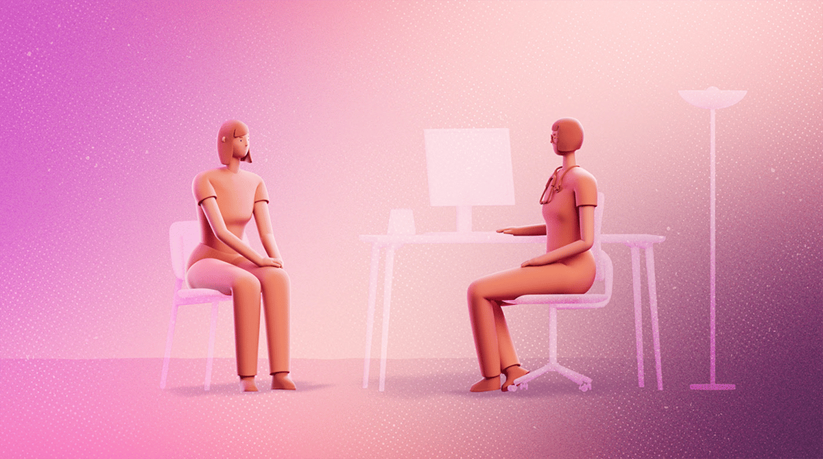 Zwei animierte Frauen sitzensich in Therapie gegenüber