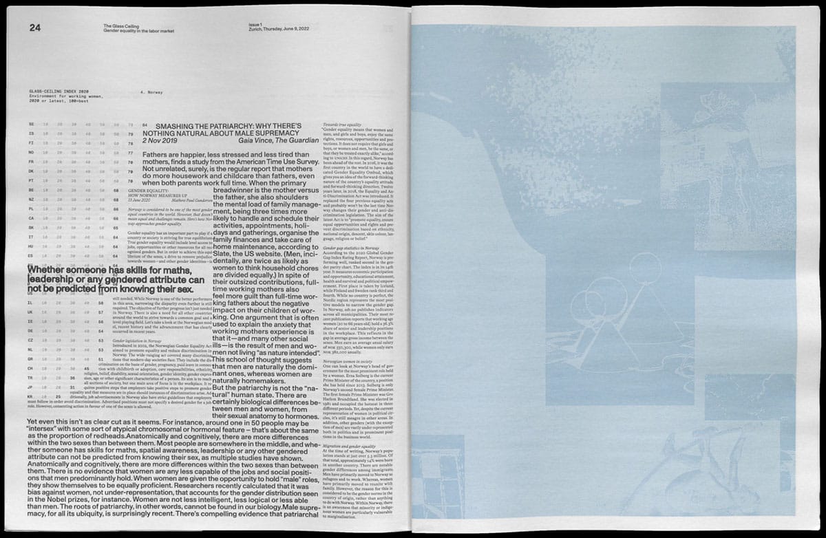 Eine Doppelseite mit typografischem Raster links und hellblauem Abstraktem Collage-Poster rechts