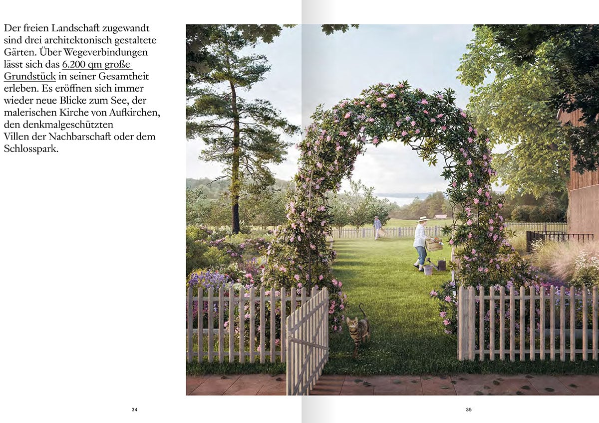 Eine Doppelseite mit Rendering eines Gartens mit Blütenbogen