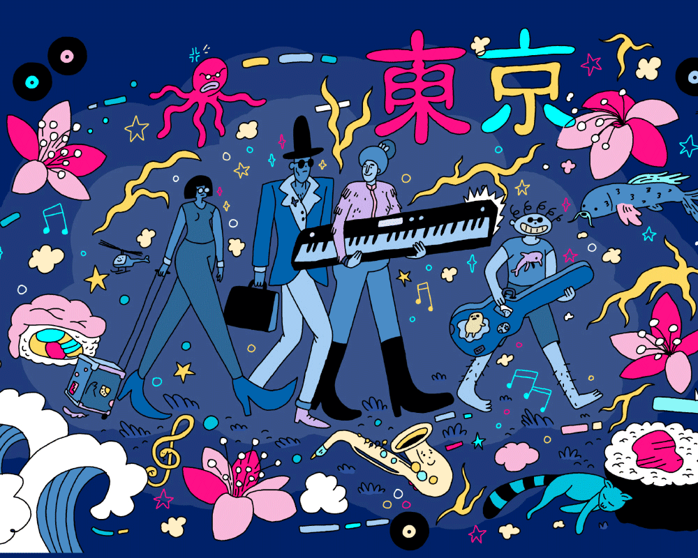 Illustration von Mirko Röper namens »Tokio Music Exploration Trip« für den Hamburg Music Business e.V., entstanden 2019