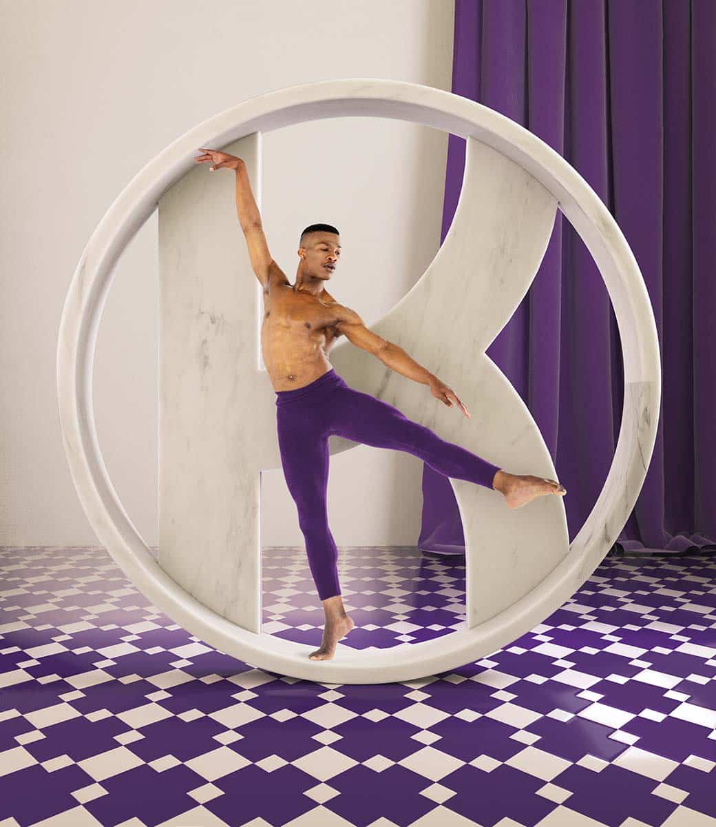 ein Tänzer mit lila hose steht in einem überdimensionalen kreis mit einem Kathrin logo in der Mitte