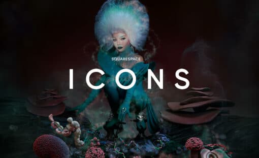 Die Künstlerin Björk verschmilzt im Hintergrund mit 3d visualisierten Pilzen. im Vordergrund steht Squarespace icons