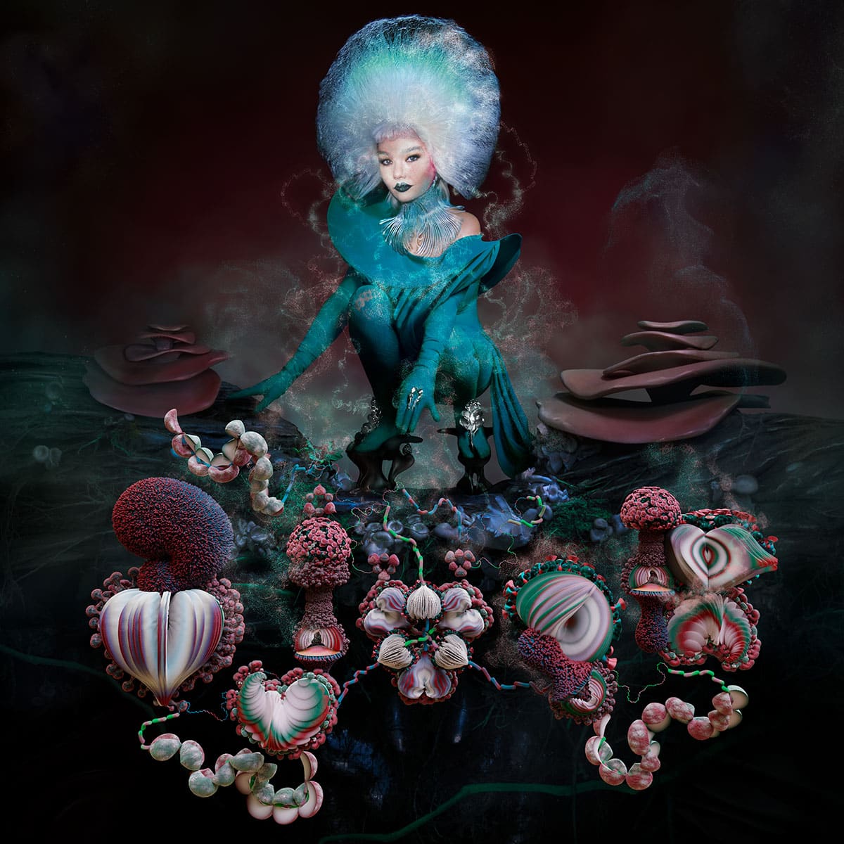Die Künstlerin Björk, mit bläulich gefärbten Haaren und unterirdische Pilze und Flora in 3d visualisiert