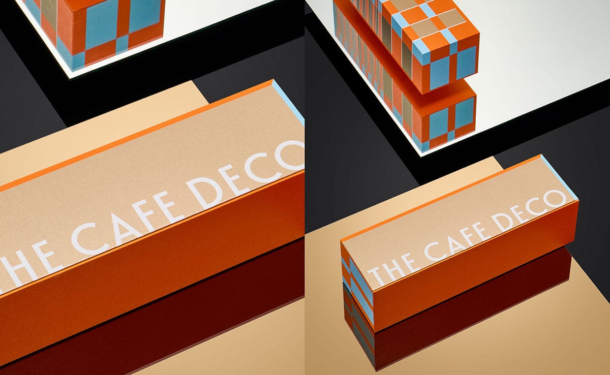 Zwei Aufnahmen eines Packaging designs mit orangener Seite und Schriftzug in Futura