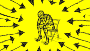 Eine handgezeichnete Figur sitzt umgeben von Pfeilen auf einem Stuhl, den kopf in die hand gestützt