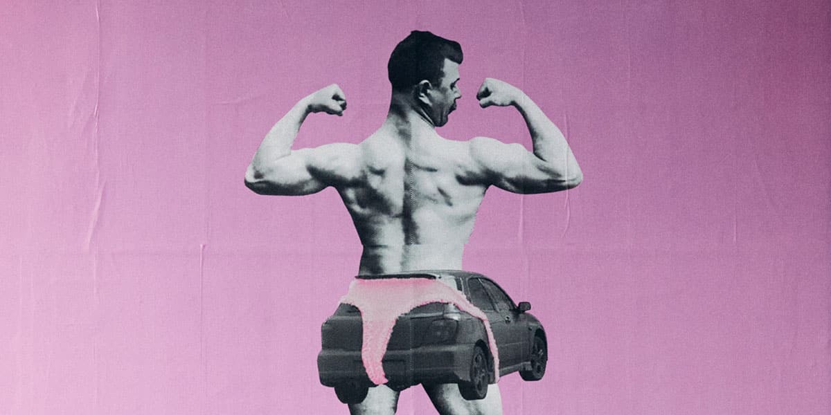 Ein Poster mit linkem Hintergrund und einer collage aus rosafarbener Unterwäsche, einem flehenden Mann und einem Auto