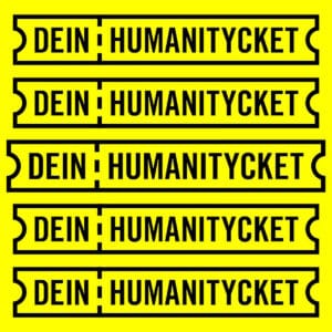 Im leuchtenden gelb der Amnesty International Organisation mit schwarzer Typo steht: Dein Humanity Ticket