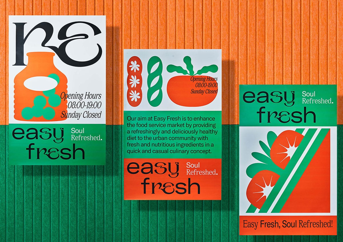 Drei Plakate mit den Brandelementen Illustration, Typo und knalligen Orange/grün