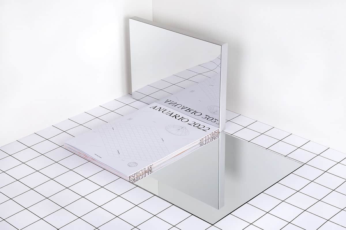 ein weißes Buchcover mit grafischem raster liegt zwischen zwei spiegeln