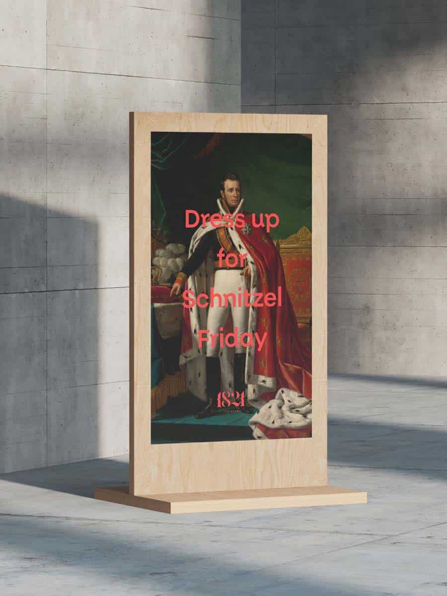 Ein Plakate mit einem historischen Gemälde und roter Schrift