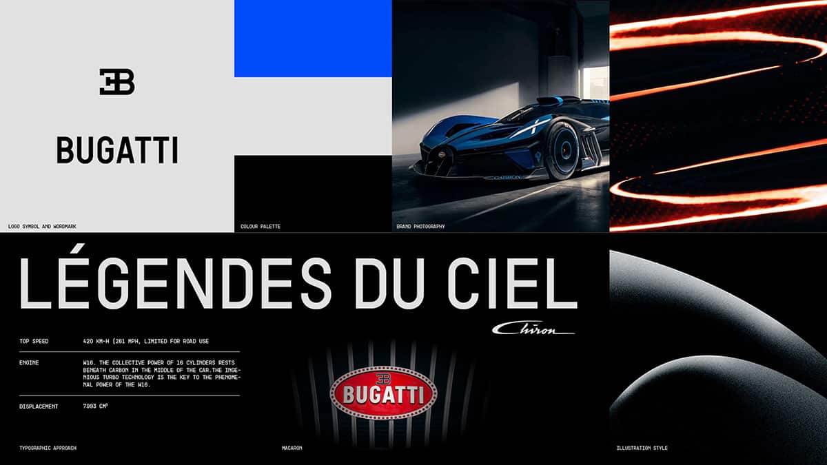Bugatti moodboard mit Farben, Bildern und logos