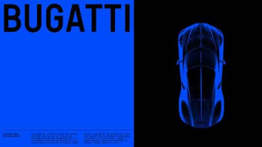 Die neue Bugatti Wortmarke neben einem blau beleuchteten Fahrzeug