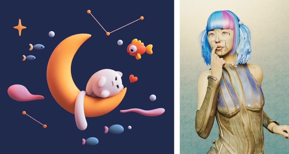 Eine Illustration links zeigt ein 3d Kätzchen, das in einem Mond spielt. Rechts eine virtuelle Influencerin mit blauen haaren