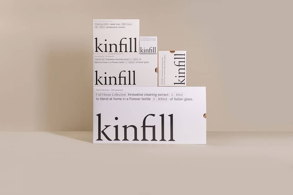 Minimalistisches Packaging Design für die Nachfüllpackungen von Kinfill, gestaltet von Two Times Elliott
