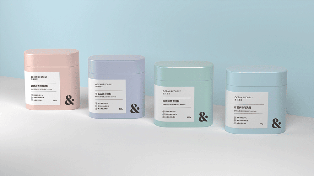 Pastellfarbenes Packaging Design für die Reinigungsmittel von Ocean & Forest