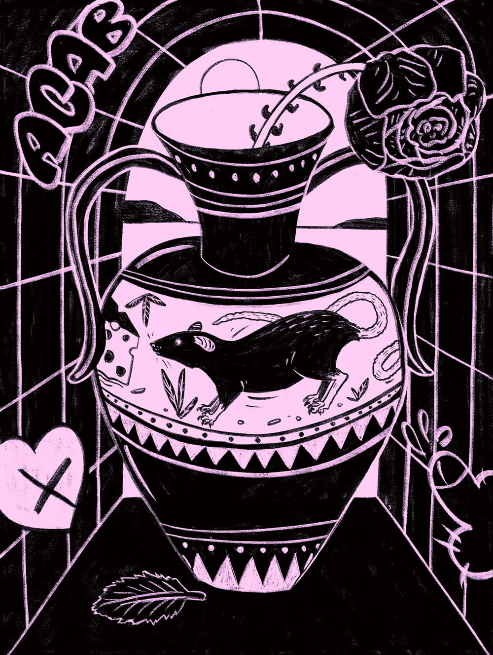Poster mit einer Illustration einer Vase mit Rattenbemalung. Illustration von Nadine Scherer