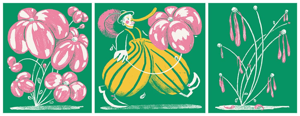 Dreiteilige Illustration in Grün, Gelb und Rosa mit dem Titel »Toxic Masculinity« von Nadine Scherer