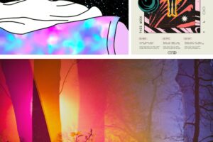 Drei Bilder, die die psychedelische Ästhetik mit verlaufen und space-thematik zeigen