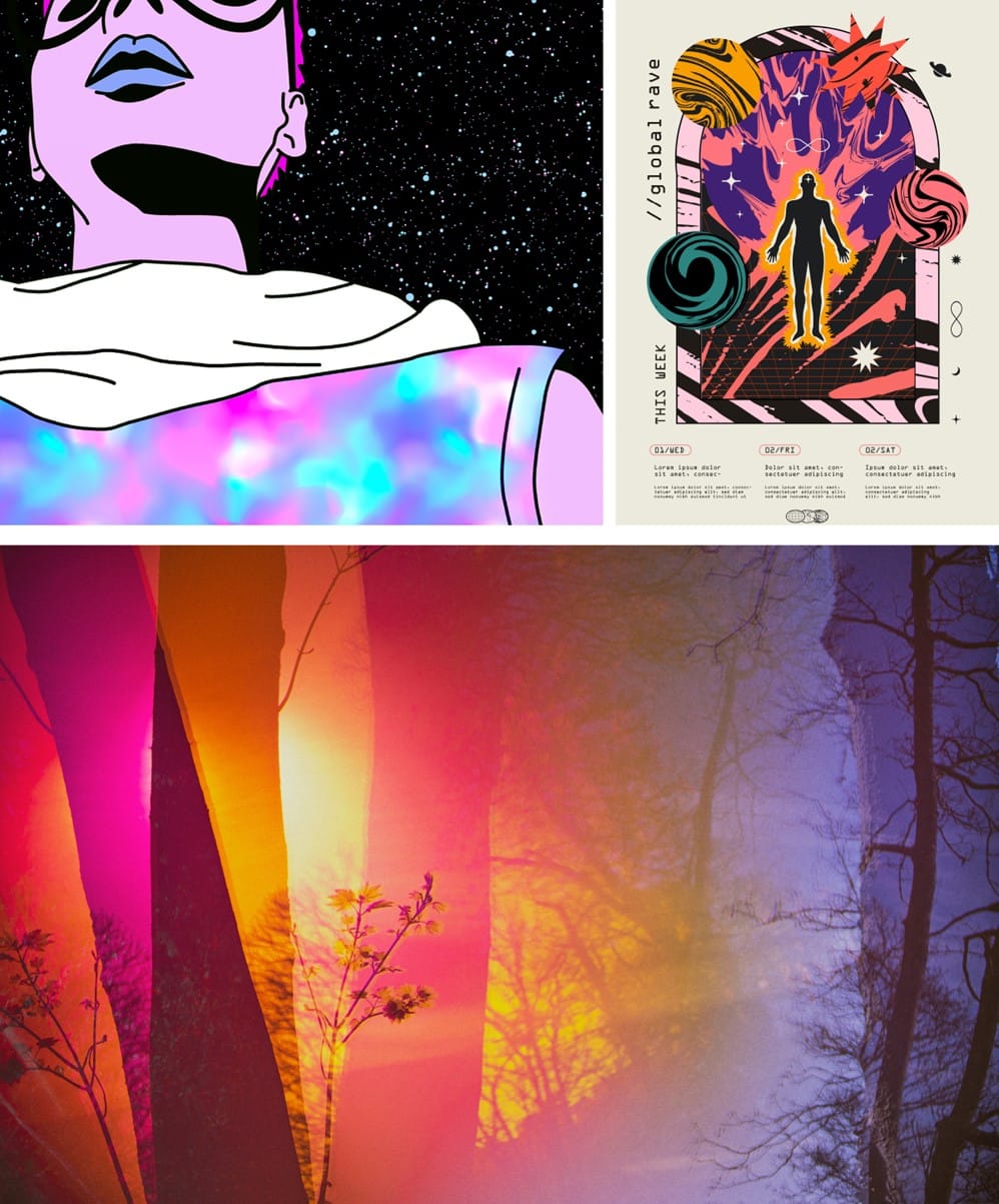 Drei Bilder, die die psychedelische Ästhetik mit verlaufen und space-thematik zeigen