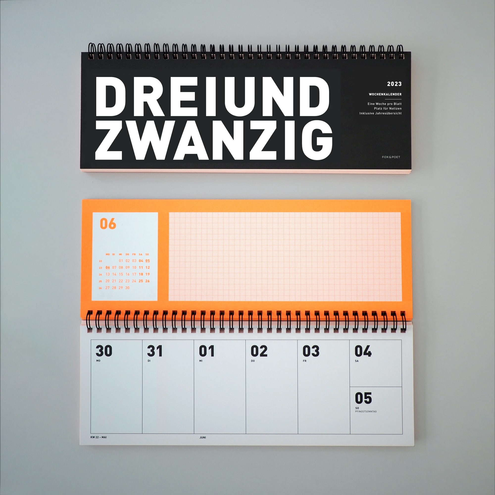 Tischkalender 2023 mit minimalistischem Design und Neon-Kontrasten