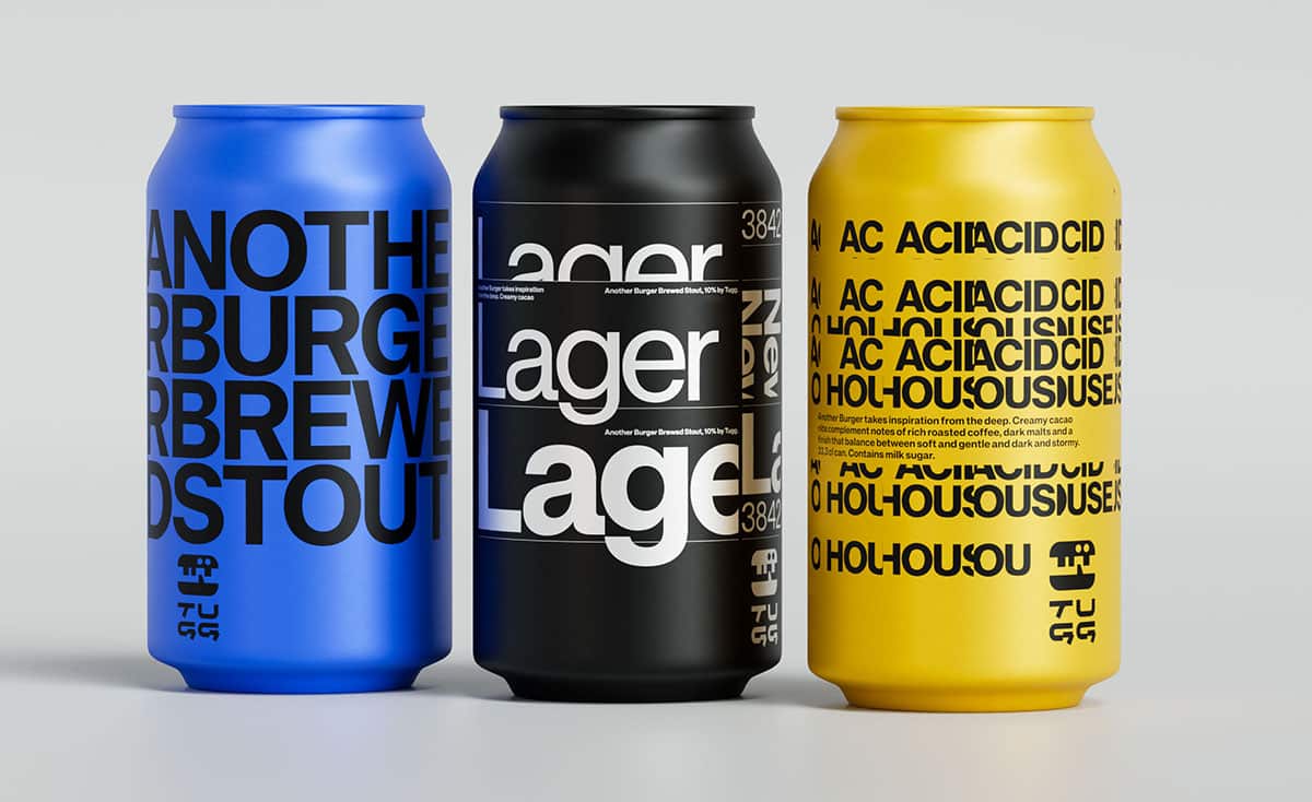 Drei Getränkedosen mit typografischem Design