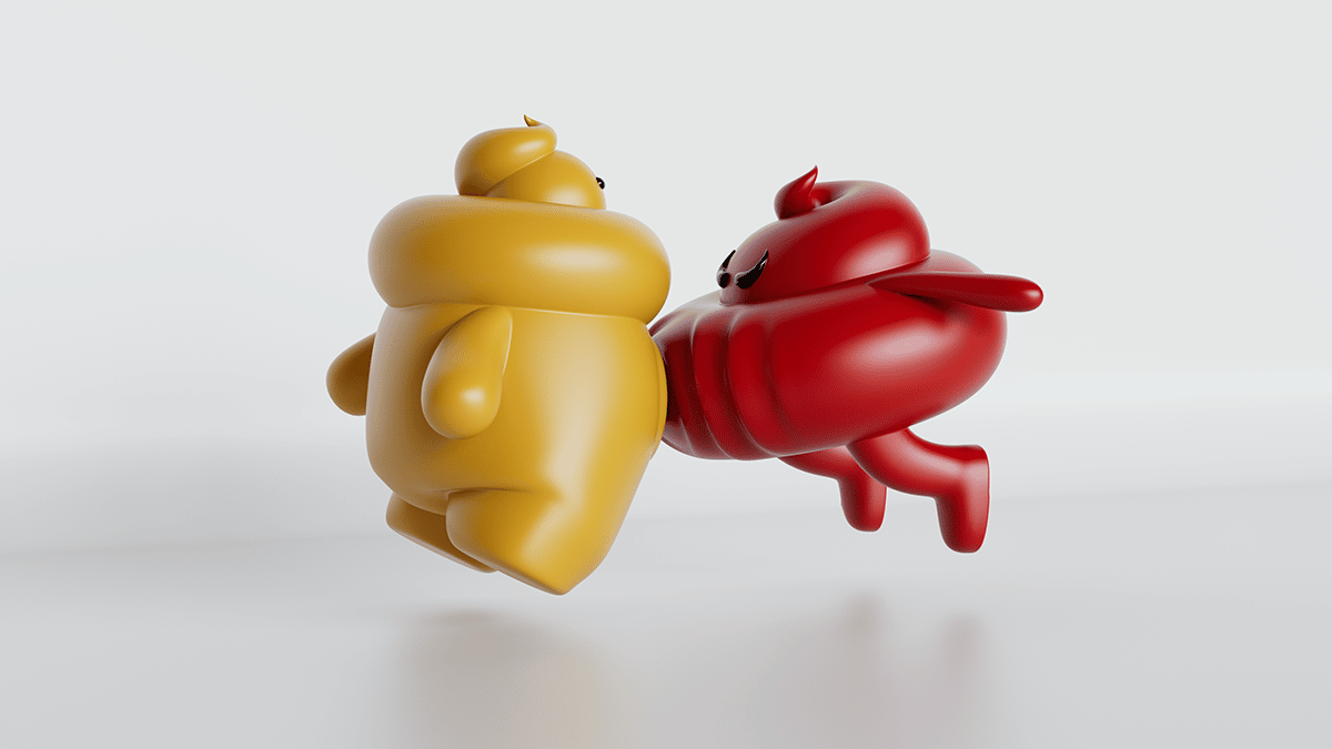 Senf-und Ketchup Charaktere, die sich in der Luft im Sprung begegnen