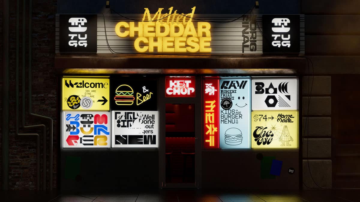 Eine Ansicht von Tugg City mit Leuchtreklame zu Cheddar Käse