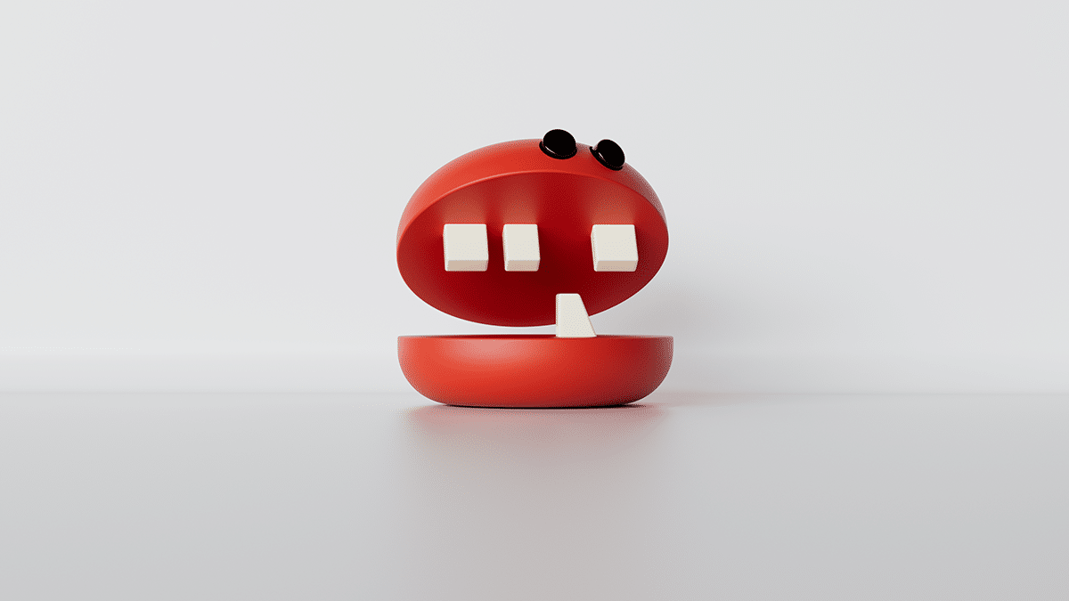 Ein rot stilisierter Burger mit vier großen Zähnen
