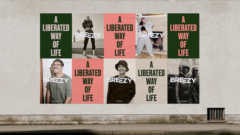 Branding für Cannabis-Brand Breezy: Auf einer Wand hängen 10 Plakate der Marke. Darauf zu sehen sind abwechselnd entweder das Foto jeweils einer Person hinter dem Wortlogo oder der Claim »A LIBERATED WAY OF LIFE« vor dunkelgrünem bzw. rosa Hintergrund