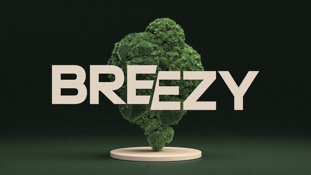 Branding für Cannabis-Brand Breezy: Wortlogo vor abstraktem 3D-Rendering der Cannabis-Blüten