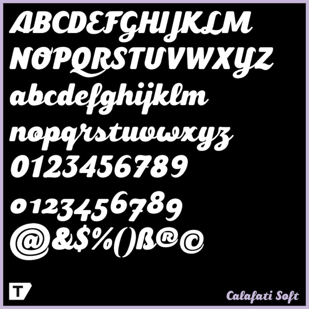 Glyphen der Calafati Soft, einmal in Versalien, einmal in Kleinbuchstaben. Darunter die 10 Ziffern und Sonderzeichen. Alles ist in weiß auf schwarzem Hintergrund gesetzt.