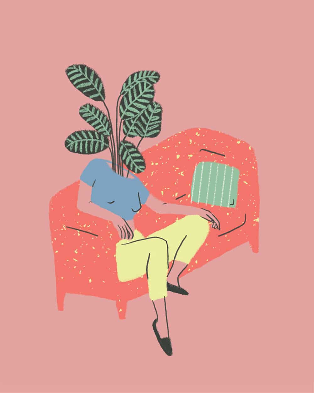 Digitale Illustration von Noemi Fabra. Zu sehen ist eine Person auf einem roten Sofa, der anstelle eines Kopfes Pflanzen auf dem Hals wachsen