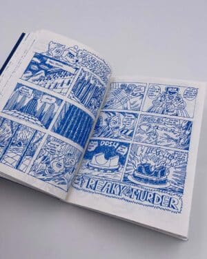 Eine Doppelseite mit einem Comicraster in dem sich handgezeichnete Illustrationen und Schriftzüge bewegen