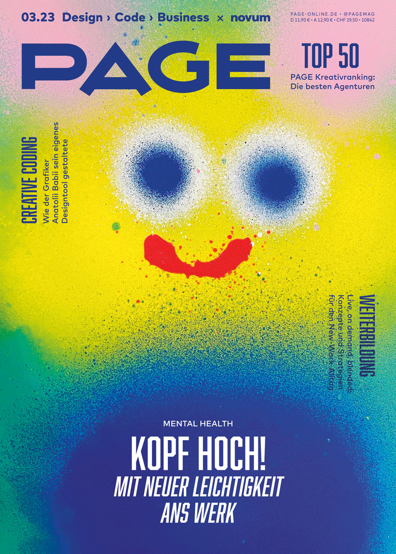 Cover der PAGE 03.2023 mit einem farbenfrohen Visual von Jon Burgerman, auf dem ein gesprühter Smiley zu sehen ist.