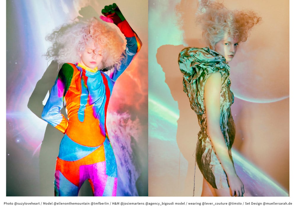 Set Design und Lightgraphics von Sarah Müller. Zwei Modefotografien von einem weißen weiblichen Model, auf das Grafiken projiziert werden. 
