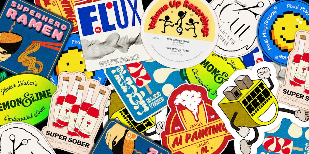 Eine Sammlung verschiedener bunter Sticker in verschiedenen Formen und Größen. Viele der Sticker verwenden Illustrationen in Kombination mit ganz unterschiedlichen Arten von Typografie