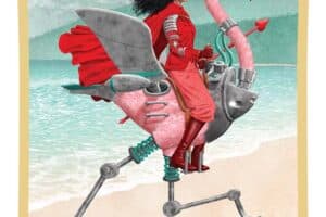 eine illustration der Herzkönigin, die einen mechanischen flamingo reitet