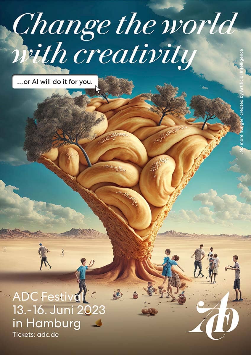 Ein Ki generiertes Plakat mit dem ADC Motto »Change the world with creativity...or AI will do it for you« Dahinter liegt ein Bild mit einem verwachsenen Baum aus Brötchen
