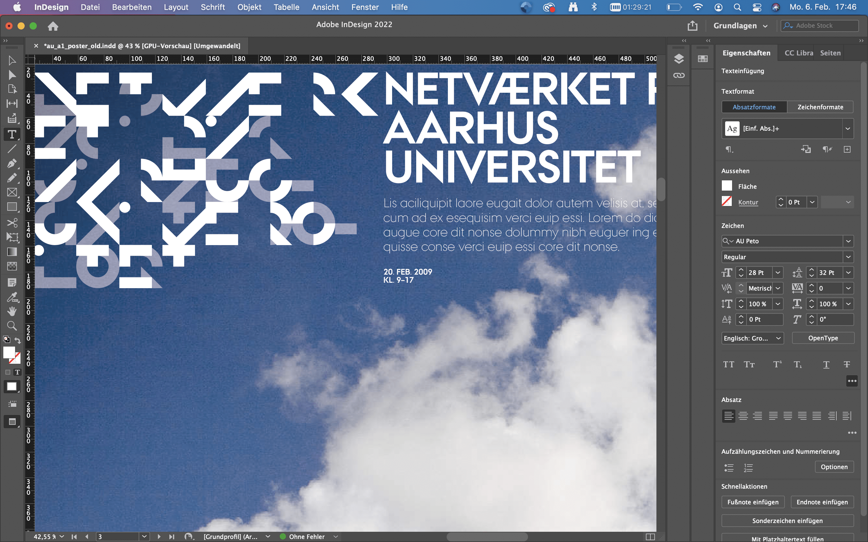 Das fünfte Element in Branddesign: Teilweise abstrakte Typografie vor blauem Himmel mit weißen Wolken auf der Benutzeroberfläche in InDesign