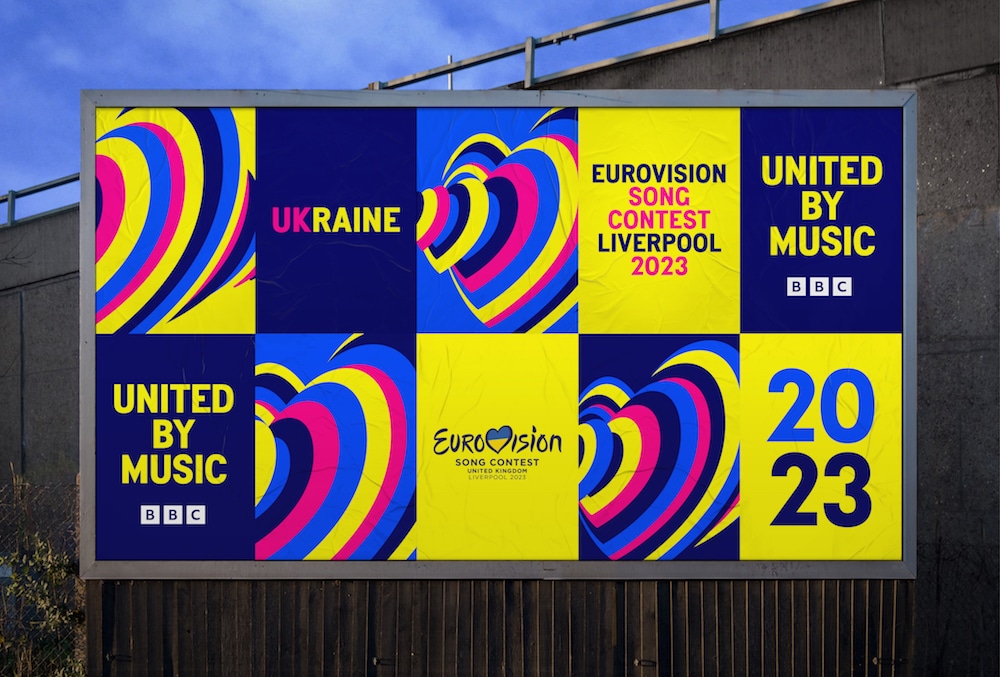 Billboards mit Visuals für den Eurovision Song Contest 2023 im Zeichen der Ukraine