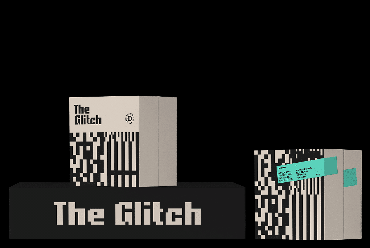 Eines der Kaffee Packagings mit Glitch Pattern und hell neontürkisem Streifen steht vor schwarzem Hintergrund