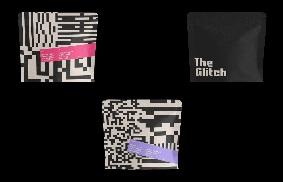 Drei Packagingdesigns für Kaffee mit dem Glitch Pattern und Logo