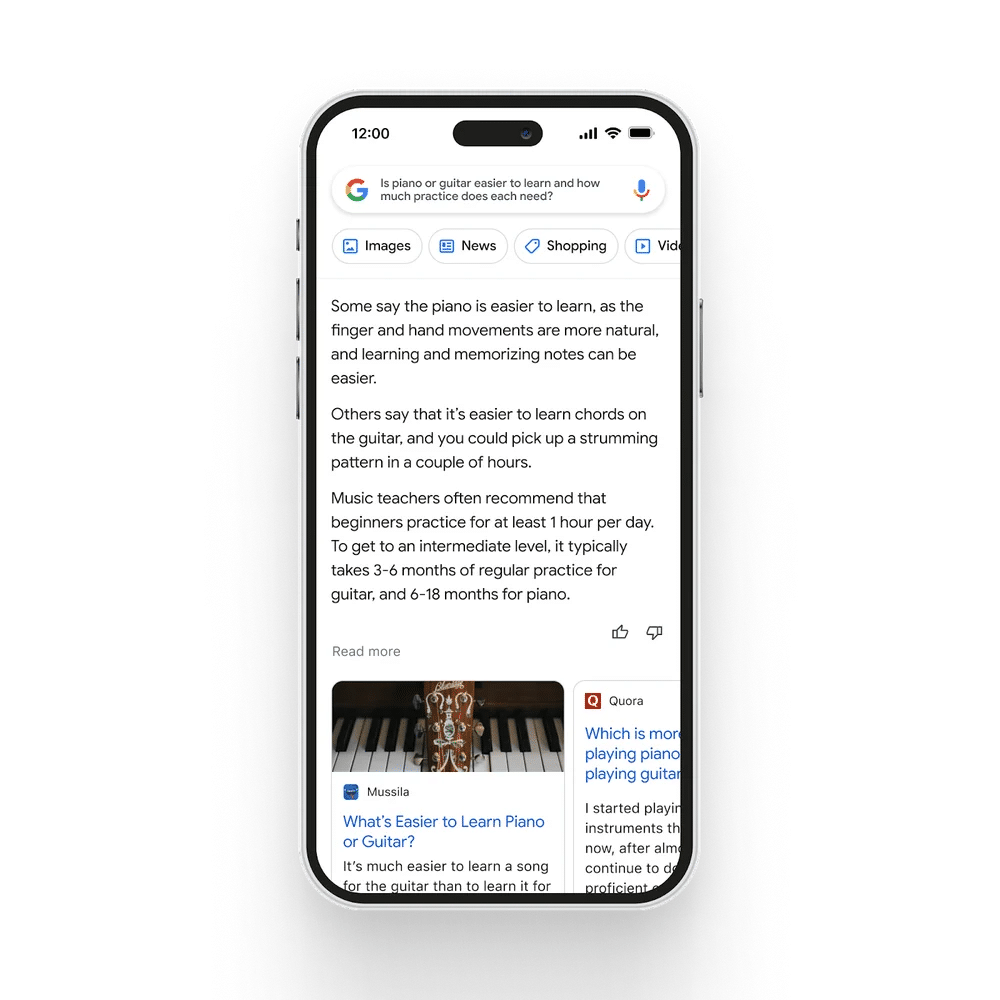 Ein Handy zeigt das neue Google Interface in der Testphase. Die Such beantwortet in mehreren Perspektiven, ob Klavier oder Gitarre besser zu lernen ist