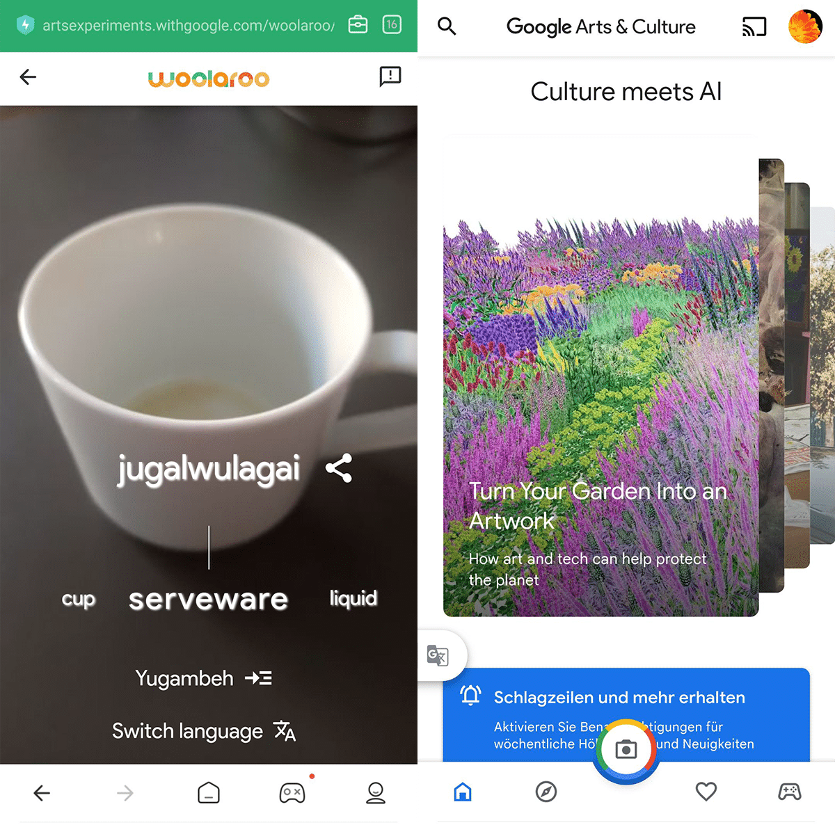 Zwei Screenshots aus Googles Arts&Culture App mit einem Programm, das die Kameraview in aussterbende Sprachen übersetzt und weiteren Slides mit Programmen zur Rekonstruktion von Kunst oder Bildbearbeitung mittels Ki
