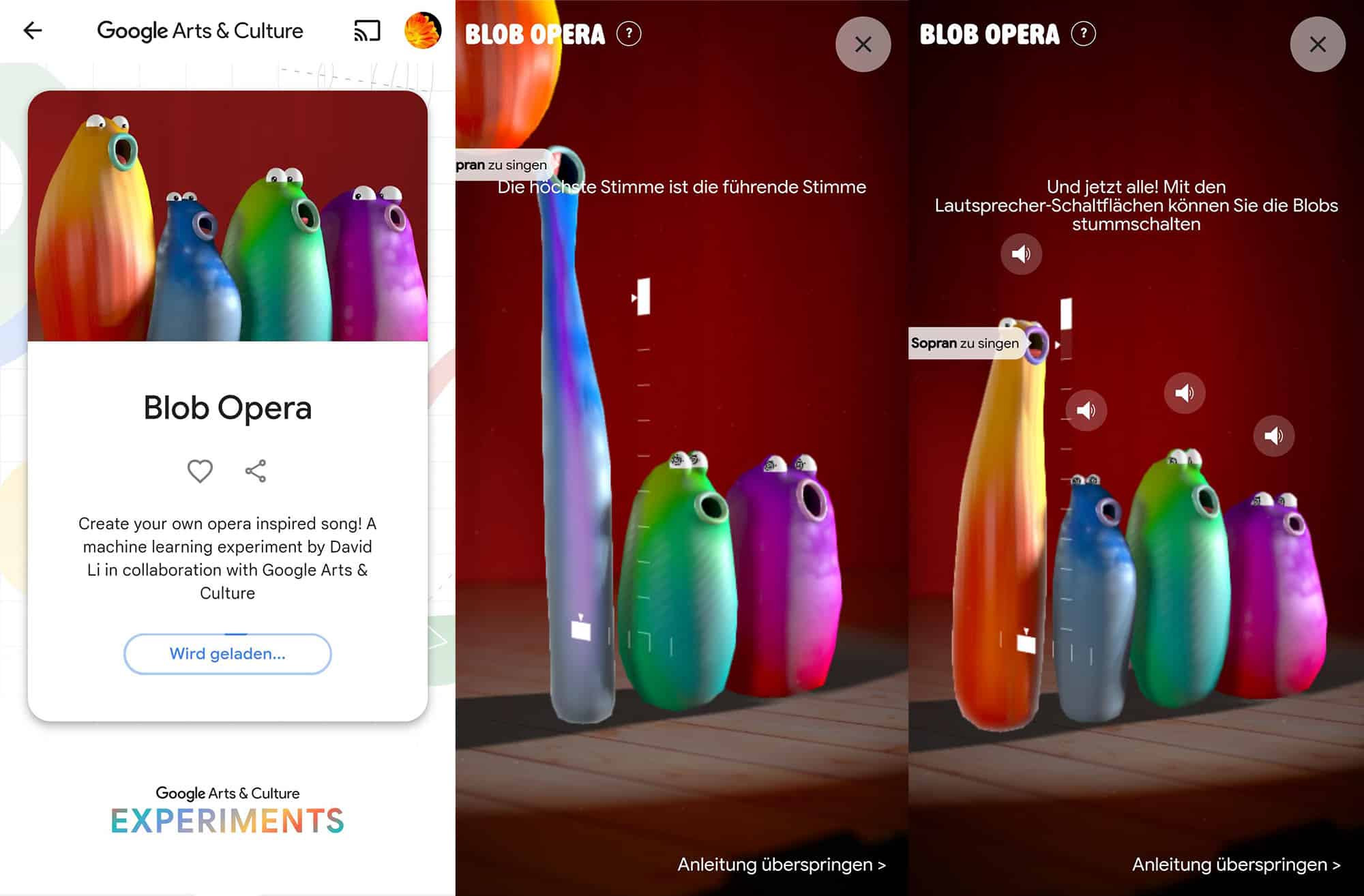 Screens aus Googles Opera Blob Programm, in dem man vier Stimmen einer Oper inform von 3D-Modellierten Charakteren manipulieren kann 