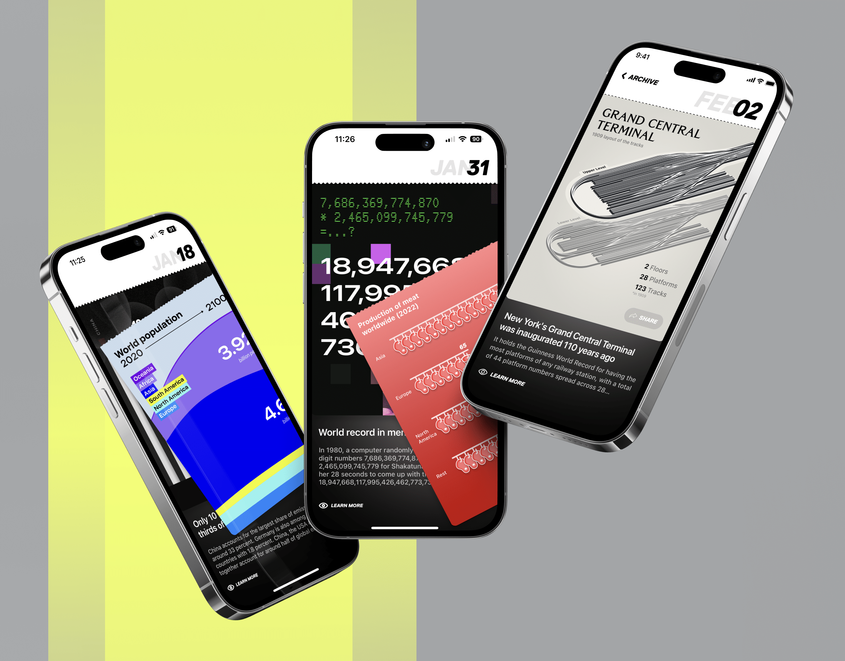 Drei iPhones auf hellgrauem Hintergrund zeigen drei Inforgrafike in unterschiedlichen Abreißzuständen