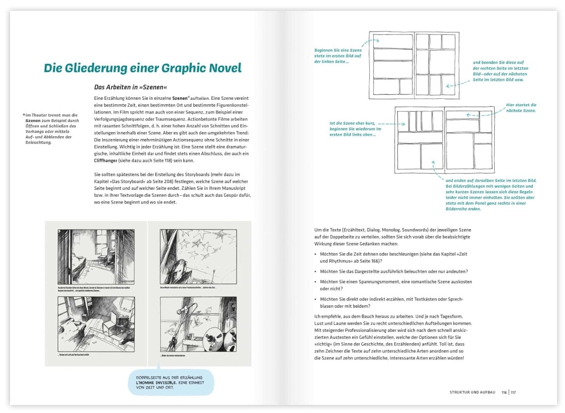 Handbuch für Graphic Novels von Dieter Jüdt: Doppelseite über Gliederung, Aufbau und Struktur