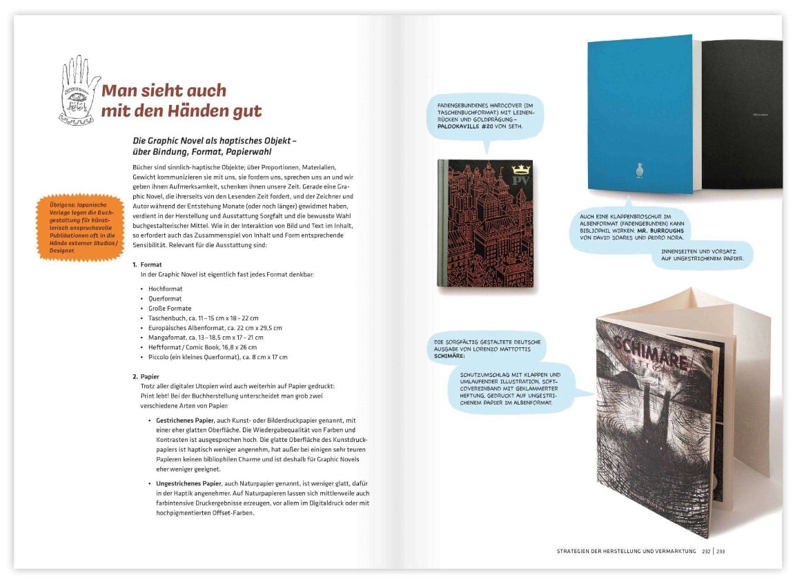 Handbuch für Graphic Novels von Dieter Jüdt: Doppelseite über Produktion und Bindung