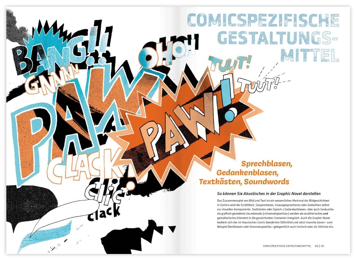 Handbuch für Graphic Novels von Dieter Jüdt: Doppelseite über Sprechblasen und Gedankenblasen